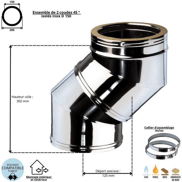 Ensemble dévoiement 2 x coudes 45 degrés conduit double paroi isolé Ediliso25 Edilinox - Diamètre 150 mm