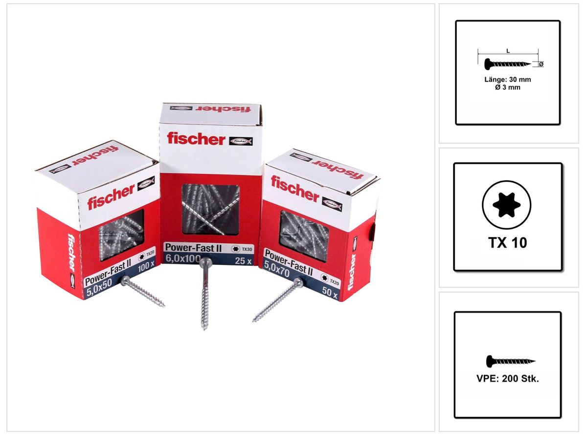 Fischer Vis pour panneaux de particules Power-Fast II FPF II 3.0x30 mm - 200 pièces (670060) Tête cylindrique + Filetage Torx complet, zinguée, - 5