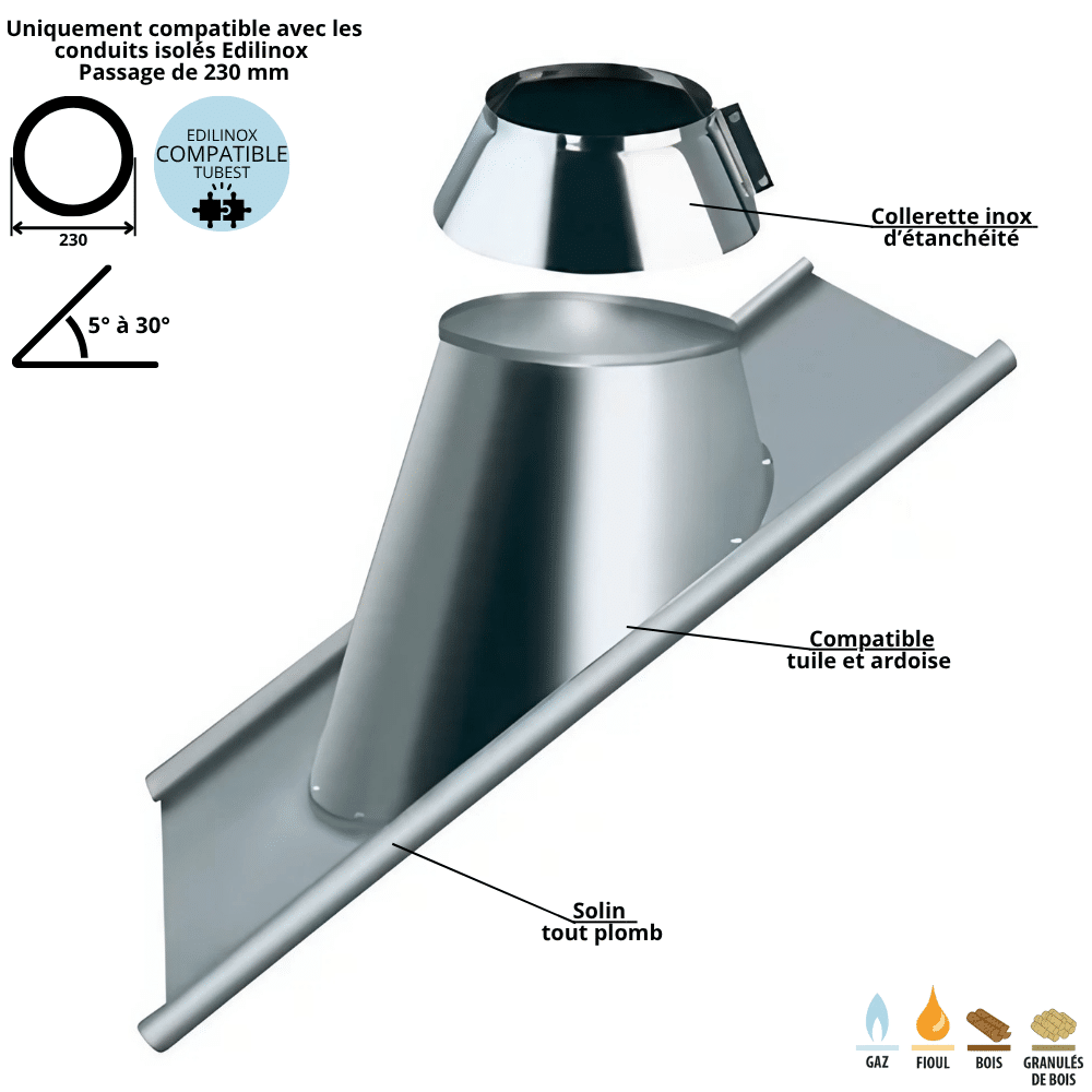Solin plomado de 5 a 30 grados conducto de doble pared aislado edilinox - diámetro 180 mm