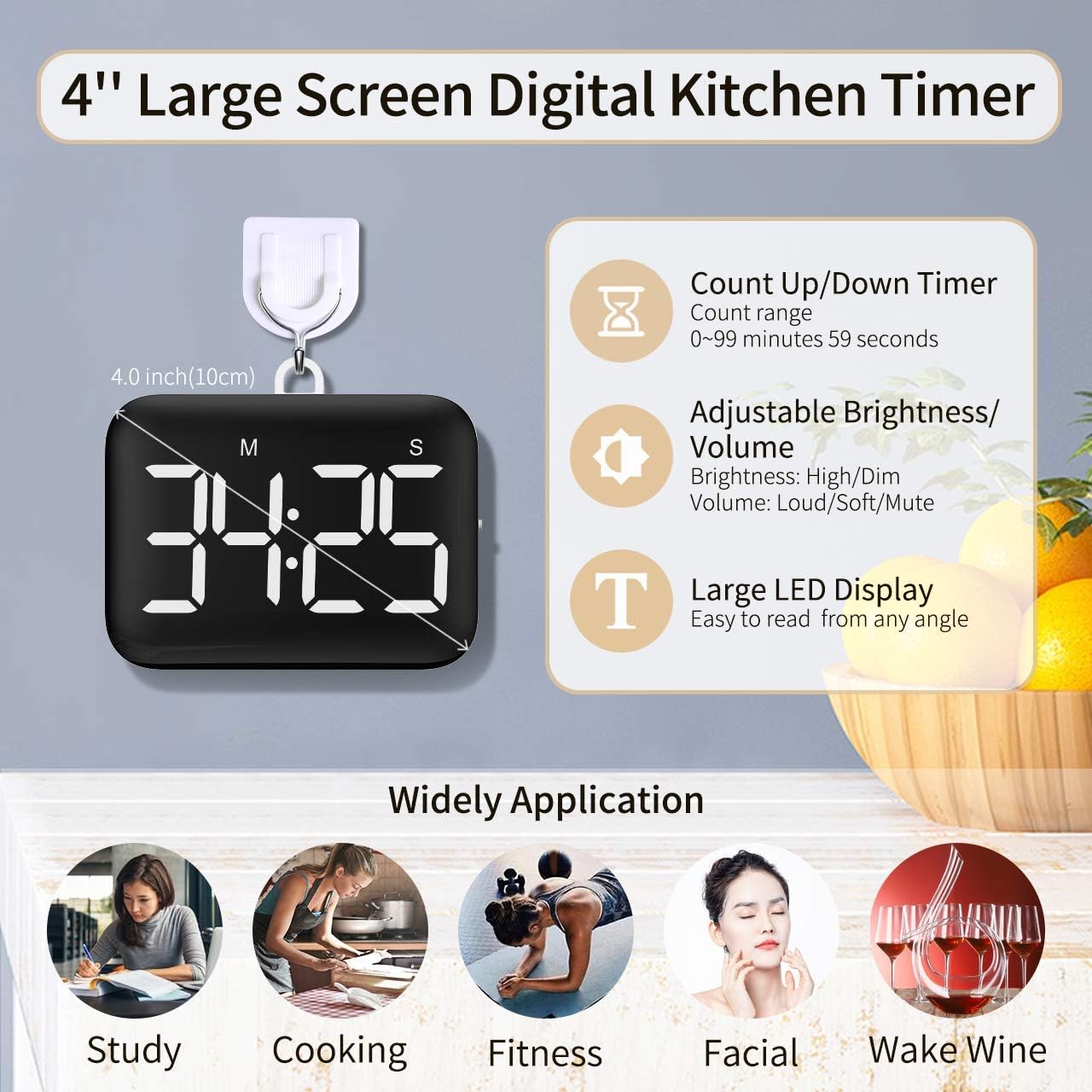 Timer da cucina digitale con ampio display LED, timer magnetico con luminosità e suono regolabili, cronometro per bambini e anziani - Batterie inclu - 2