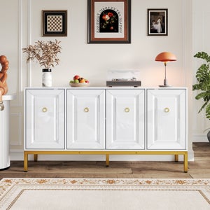 Buffet 4 Portes 4 Tiroirs Blanc Avec Poignées Et Pieds Dorés - 140 Cm, étagères Réglables, Pour Salon
