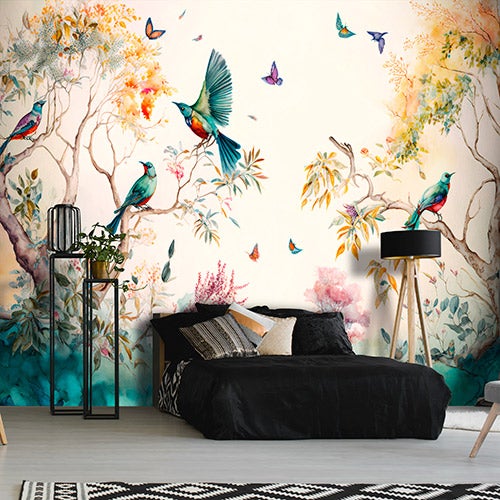 Papier Peint Intissé Panoramique Forêt Peint Oiseaux Art 400x280 cm - Colle Inclus - Chambre et Salon - Moderne Trompe l'oeil - 3