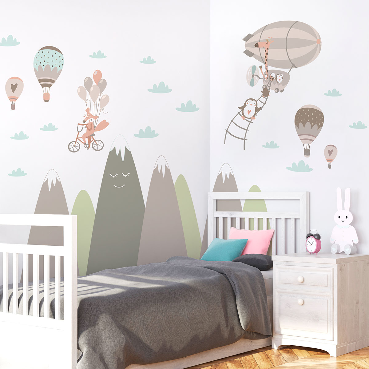 Vinilo niño escandinavo de montaña animales graciosos - adhesivo de pared - revestimiento sticker mural decorativo - 120x180cm