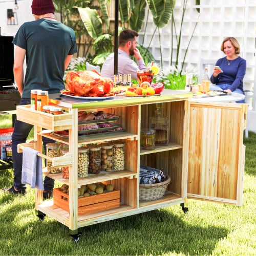 Carro bbq 6 niveles con encimera de acero inox, mesa grill de madera con ruedas 134,5x50x91,5 cm