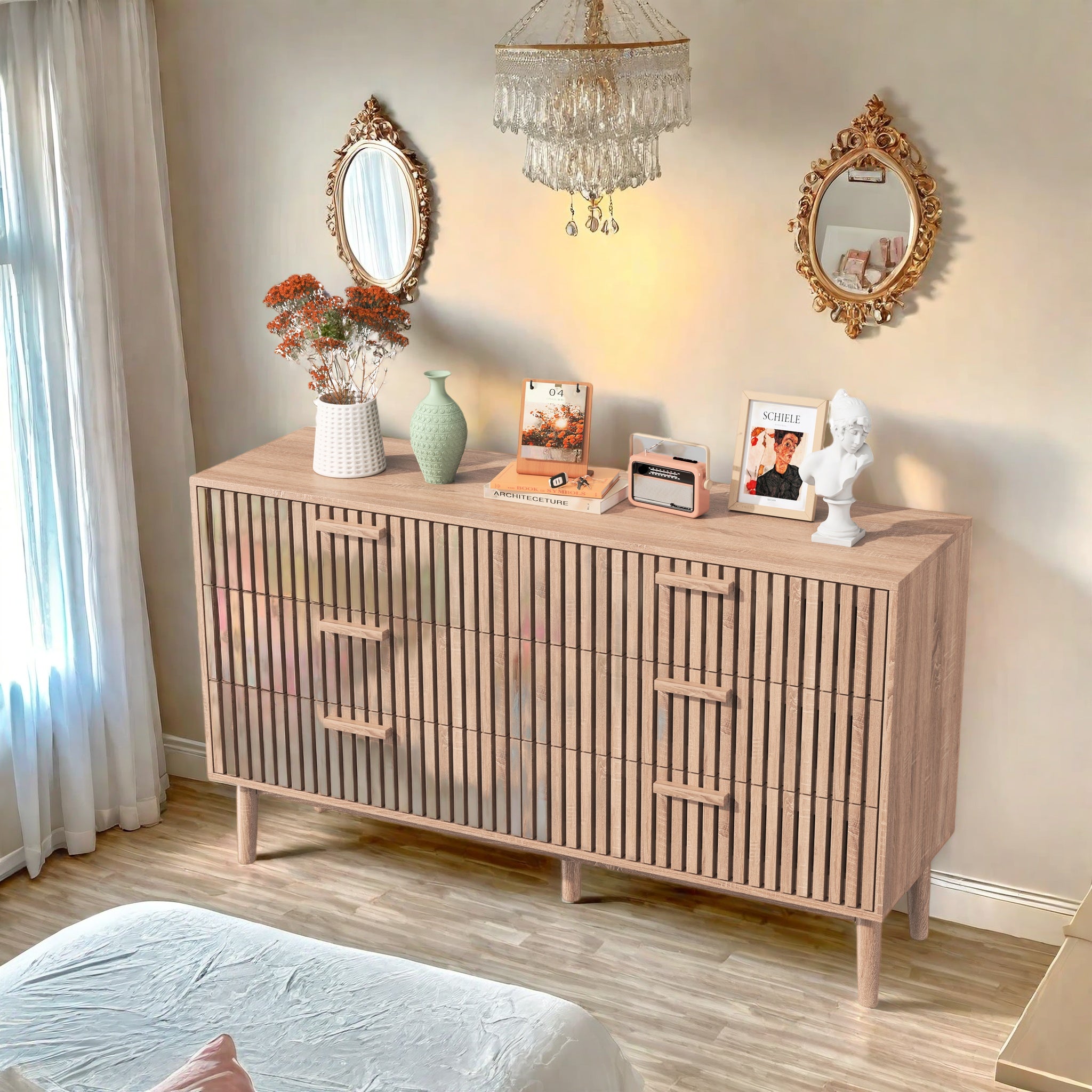 Commode 6 tiroirs en bois naturel, design moderne et minimaliste, grande capacité de rangement, structure robuste et stable pour chambre ou salon - 2