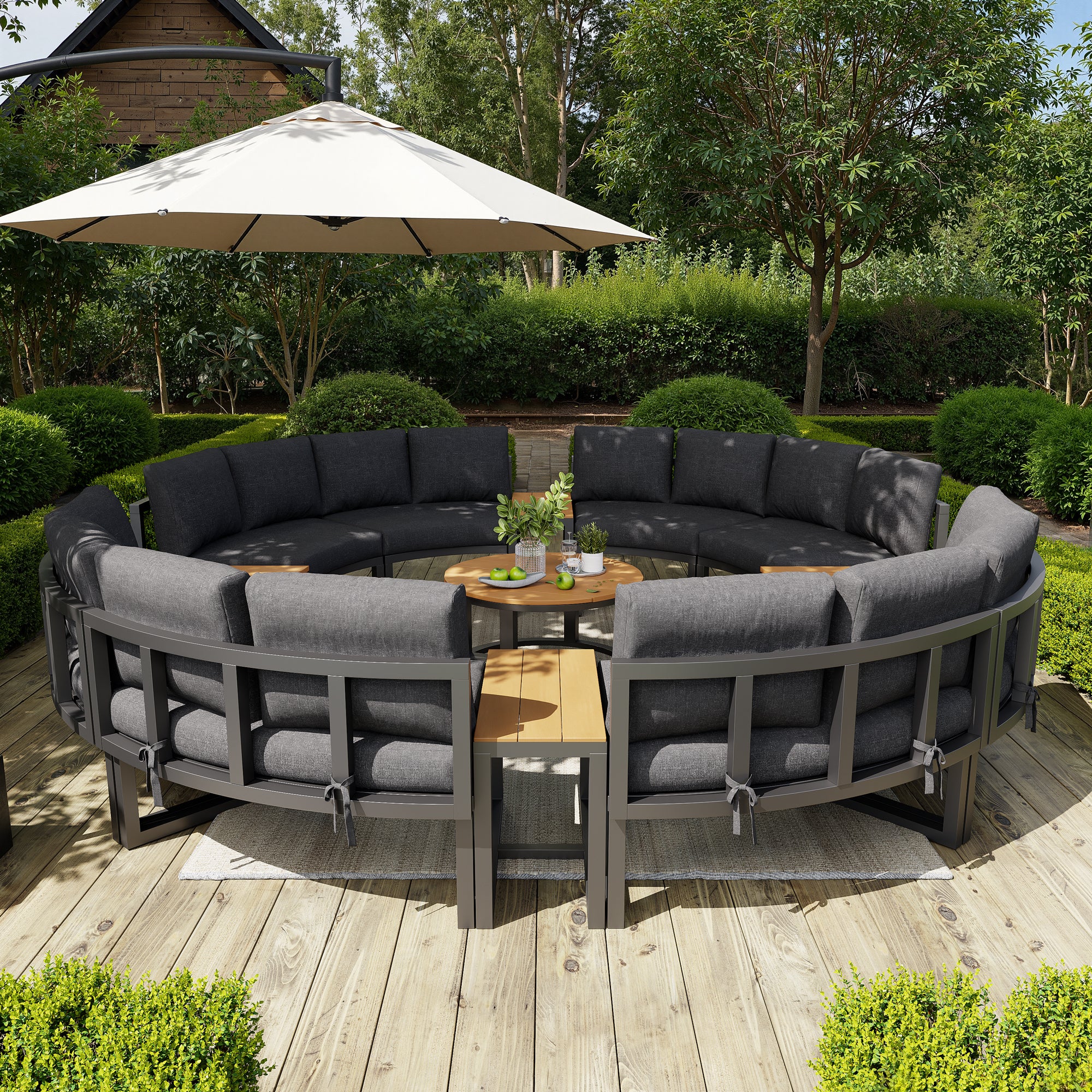 Salon de Jardin Exterieur pour 8 à 12 Personnes, Ensemble de chaises longues de jardin avec coussins et oreillers, Canapé Rond Gris - 2