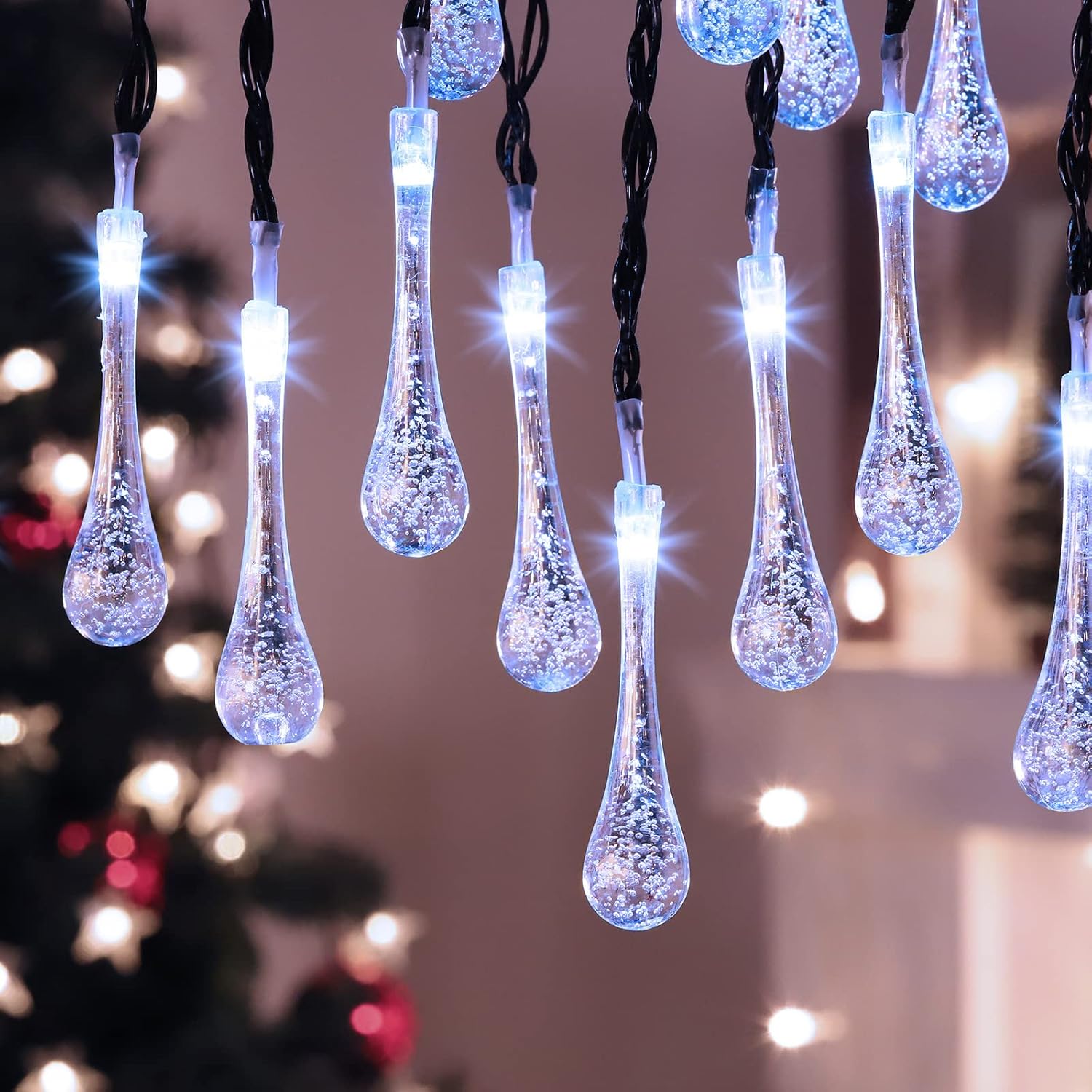 Świąteczne lampki choinkowe na zewnątrz, zimne białe, 30 diod LED, 6,5 m, krople wody, lampki choinkowe w kształcie kropli deszczu