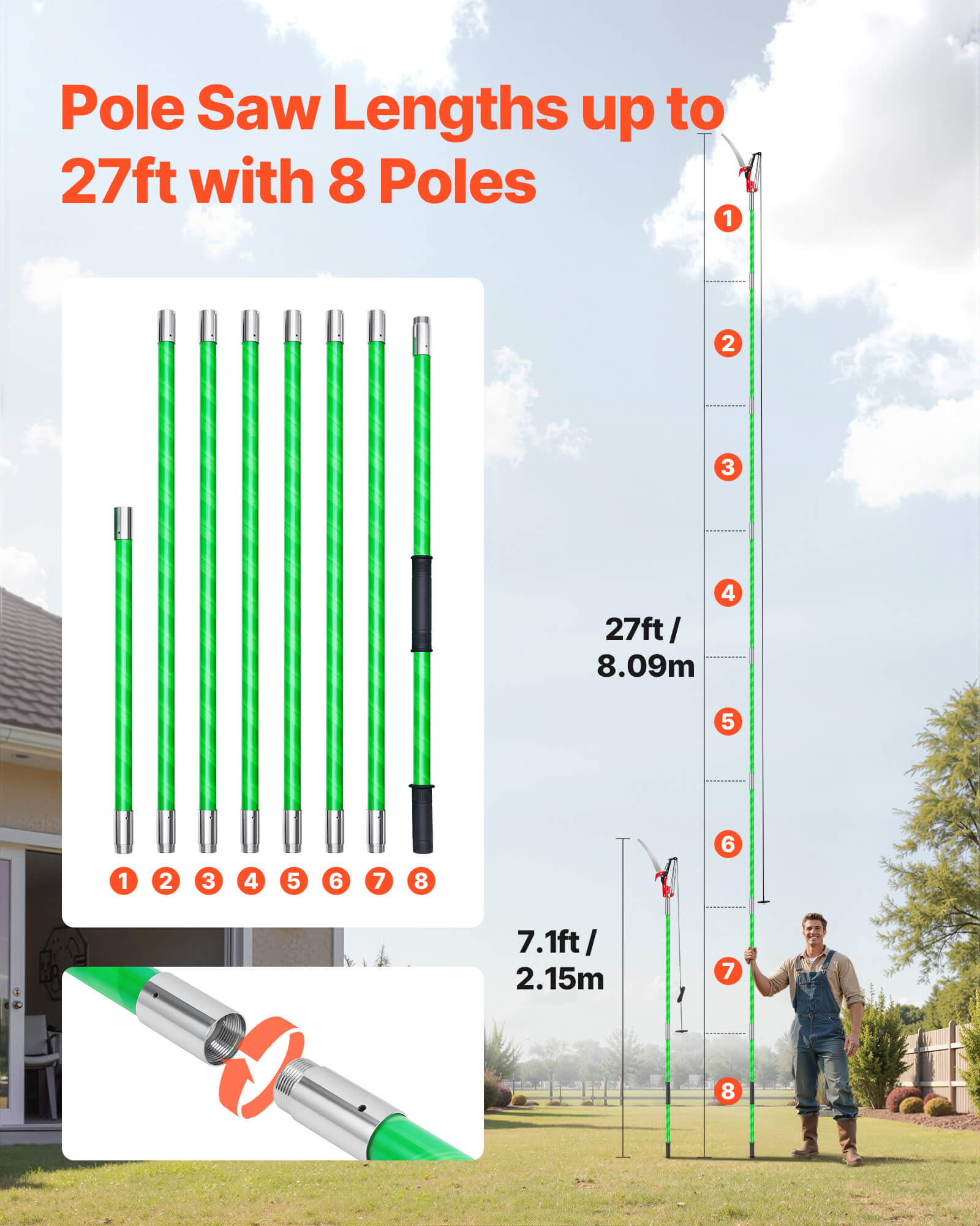 Scie à Élaguer Extensible,VEVOR 2,15-8,09 m,Scie sur Perche Manuelle,avec Ciseaux,8 Perches Fibre de Verre,pour Tailler Branches Hautes,Palmiers - 2