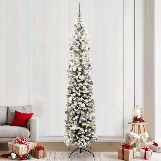 vidaXL Árbol de Navidad delgado 300 LEDs & Juego de bolas & Nieve en polvo verde 240 cm