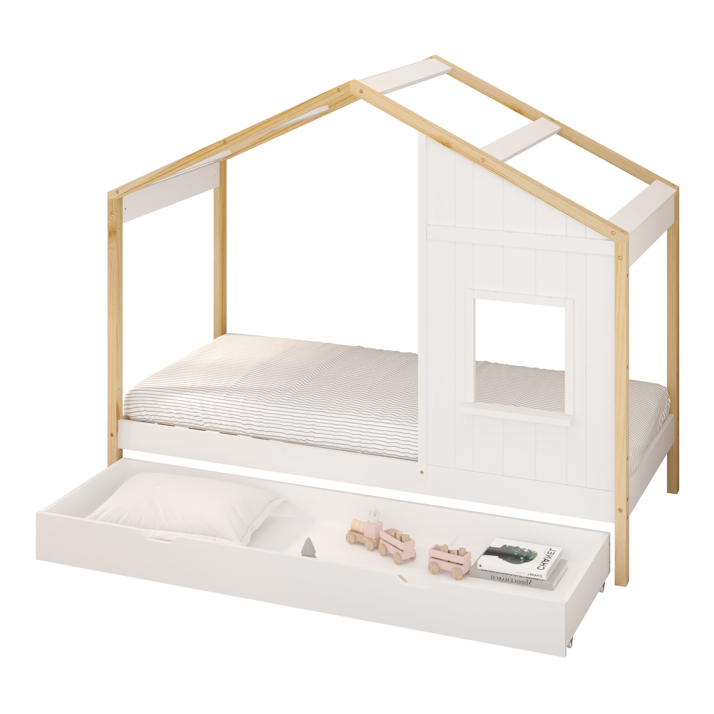 Sunny Beau Lit Cabane avec Tiroir de Rangement, en Bois, Marron/Blanc | Au Sol Enfants, Montessori - Sans Matelas - 208 X 97 X 171 Cm | - 3