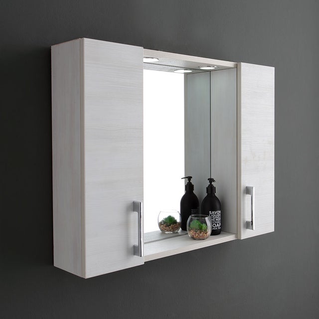 Specchio bagno contenitore con due pensili rovere bianco e luce led