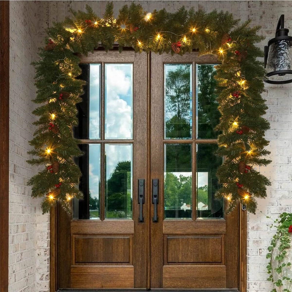 Ghirlanda natalizia artificiale da 270 cm, luce calda, decorata con pigne e bacche, collezione natalizia, con 5 metri e 50 luci, senza batterie - 3