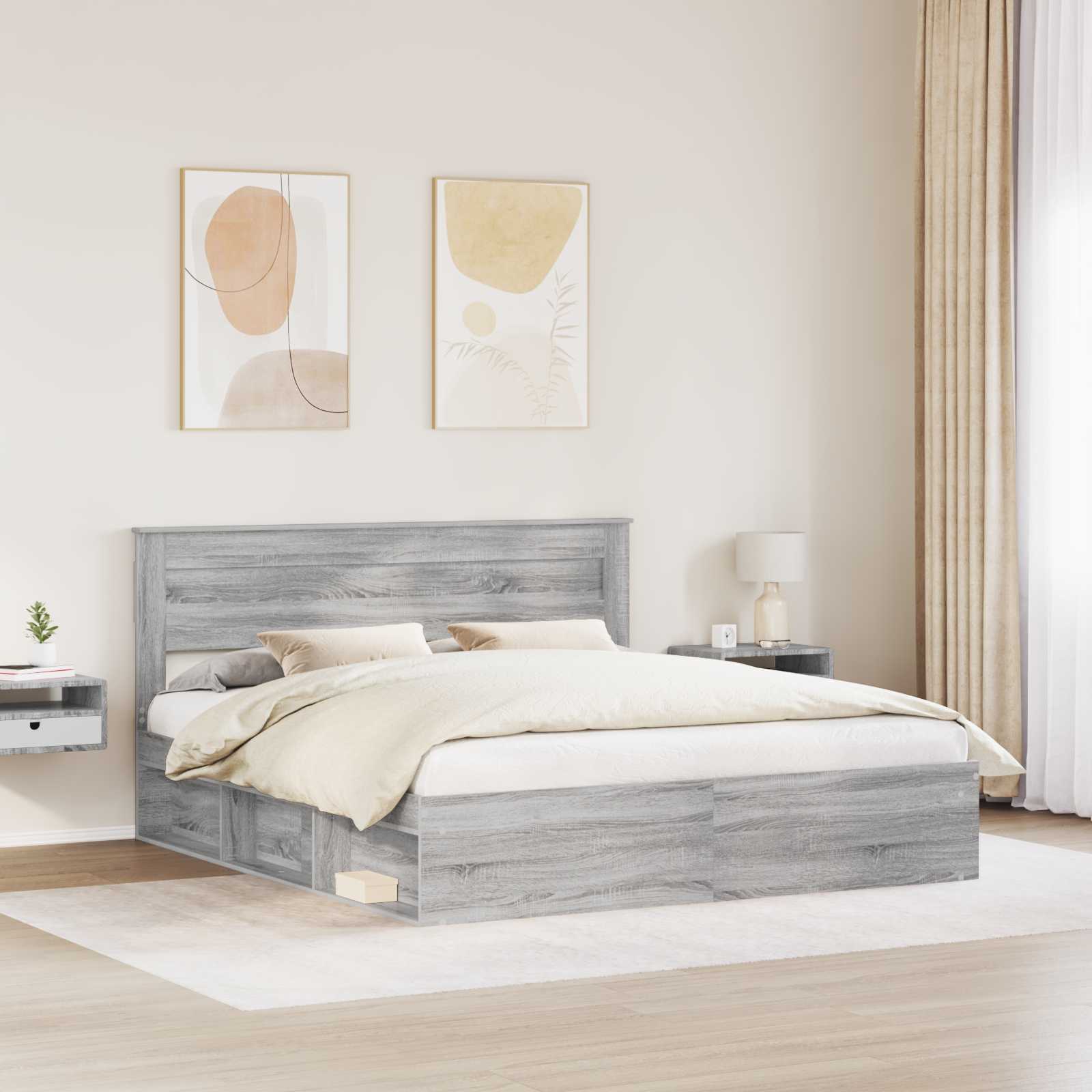 Cadre de lit gris en bois de pin massif pour la chambre, 200 × 200 cm - 3