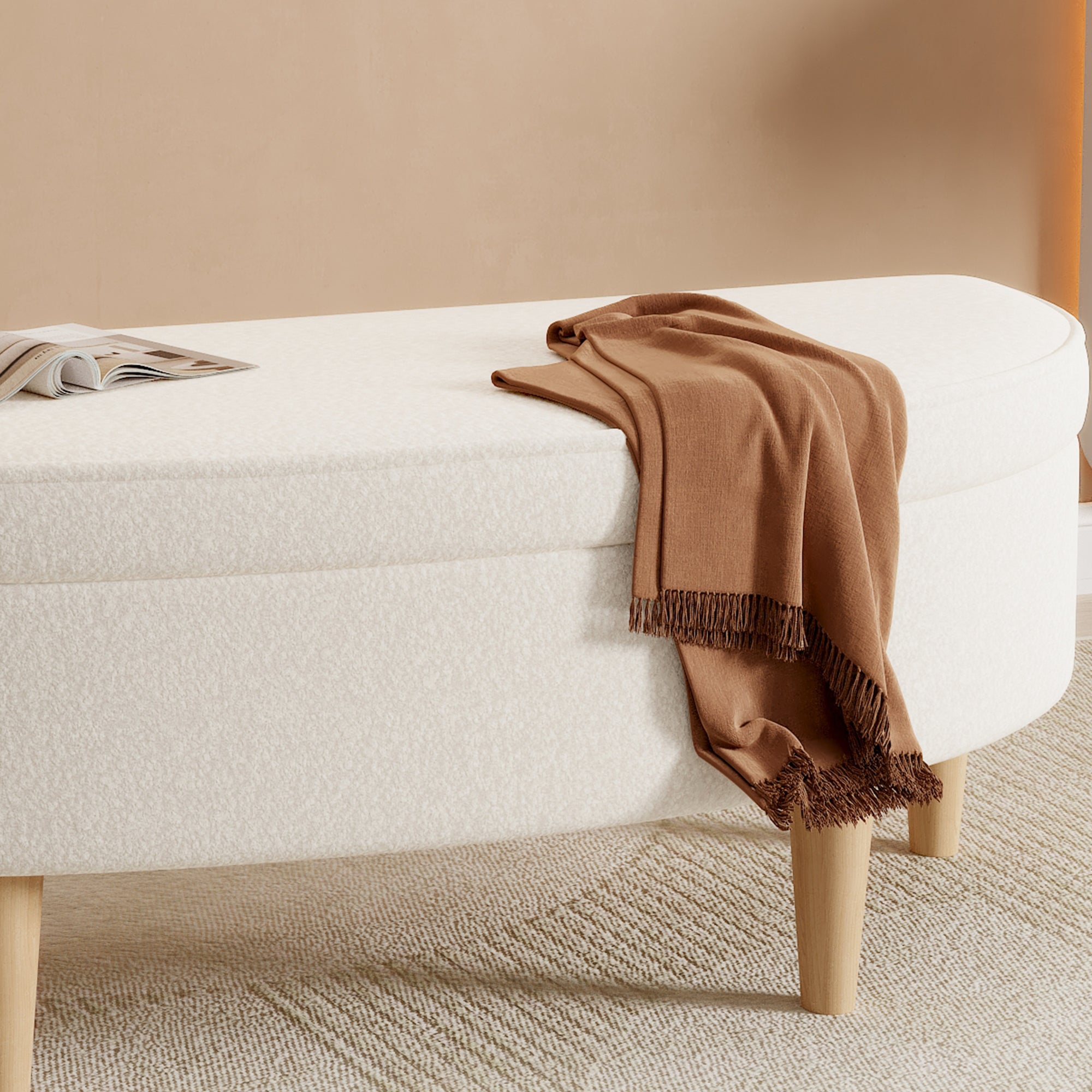 Banc de chevet semi-circulaire en peluche avec espace de rangement - 119 x 40 x 39 cm - pour chambre ou salle à manger - Gris - 9