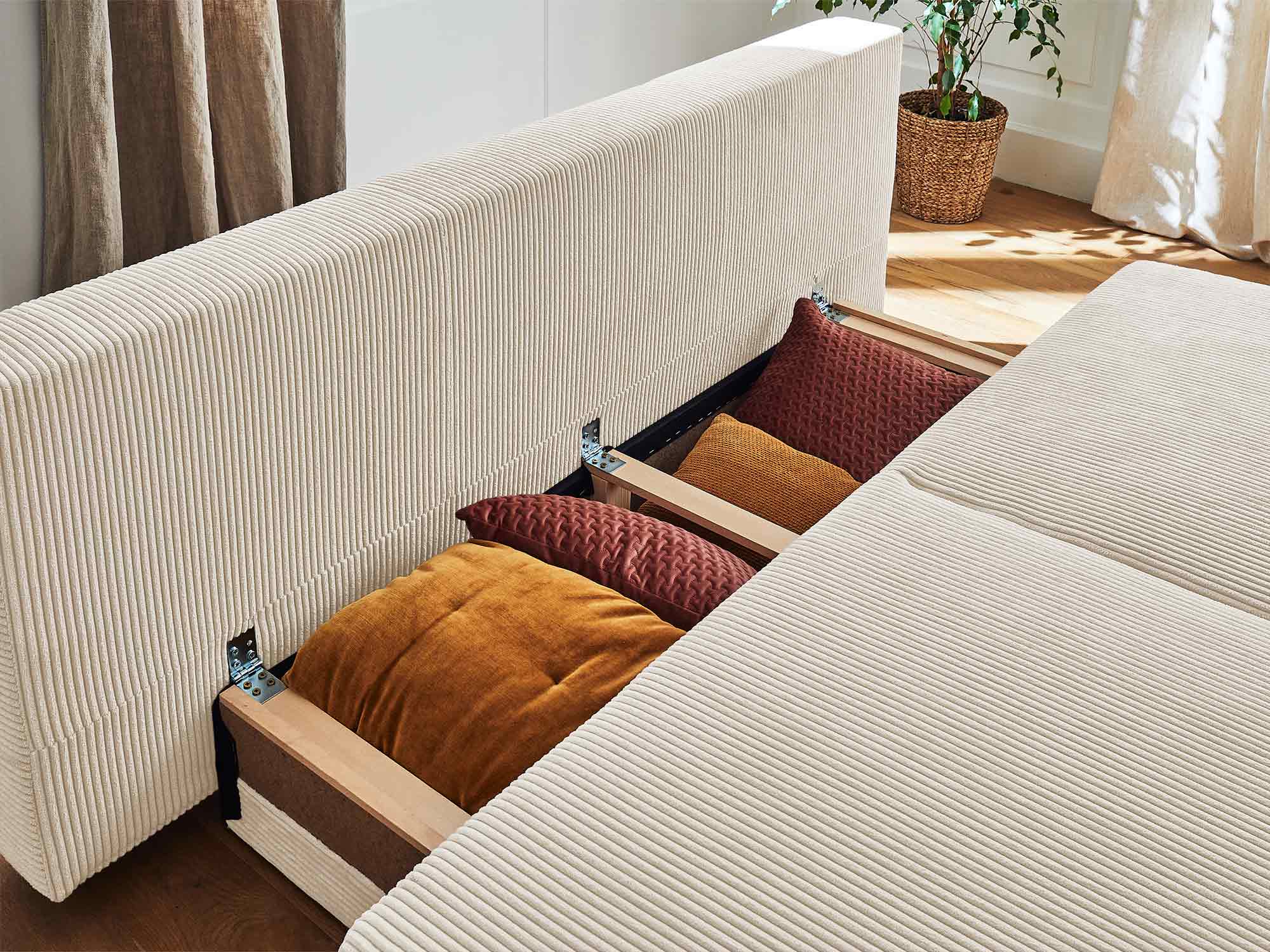 Canapé droit convertible 3 places avec coffre en velours côtelé beige - CRISTAL - Best Mobilier - 3