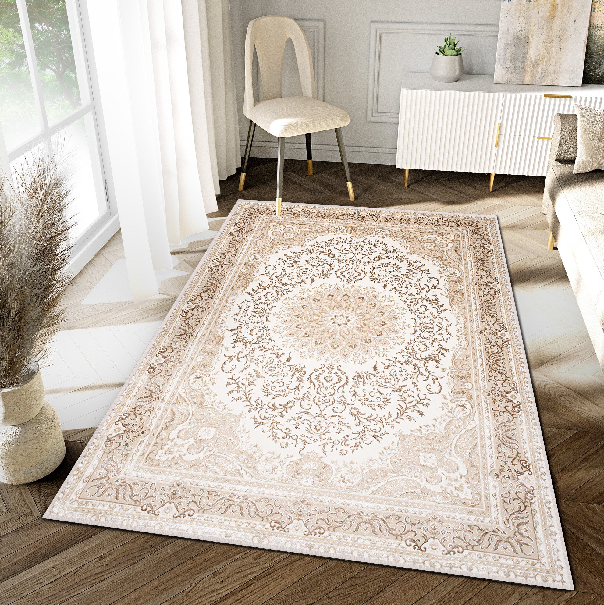 Tapiso hera alfombra de pelo corto brillante efecto 3d beige crema marrón diseño clásico persa oeko-tex 140 x 200 cm