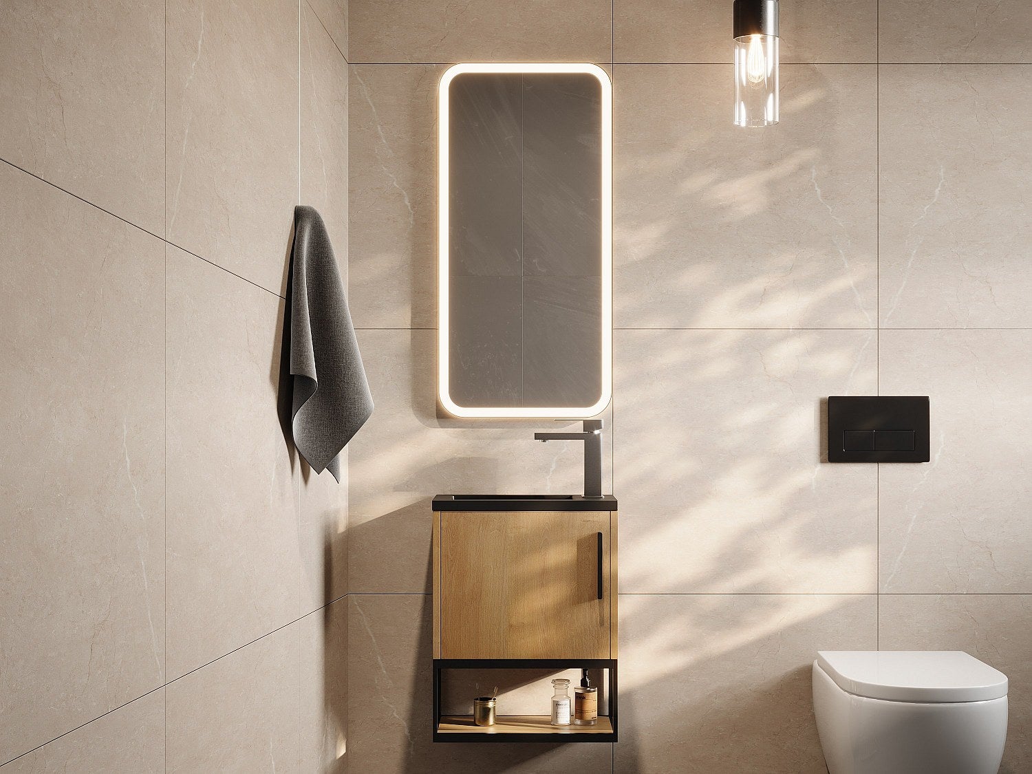 Mueble lavabo suspendido con estante y lavabo negro - 40 cm - color natural claro - lopena
