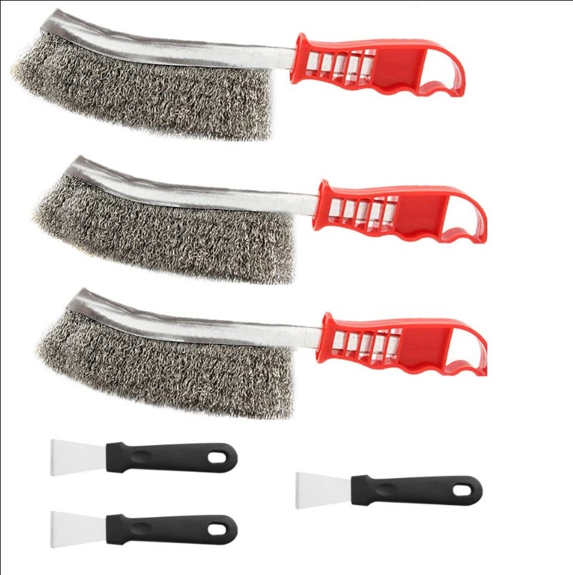 Zestaw 3 szczotek drucianych ze stali nierdzewnej z 3 kuchennymi łopatkami czyszczącymi do usuwania żużlu spawalniczego i rdzy.