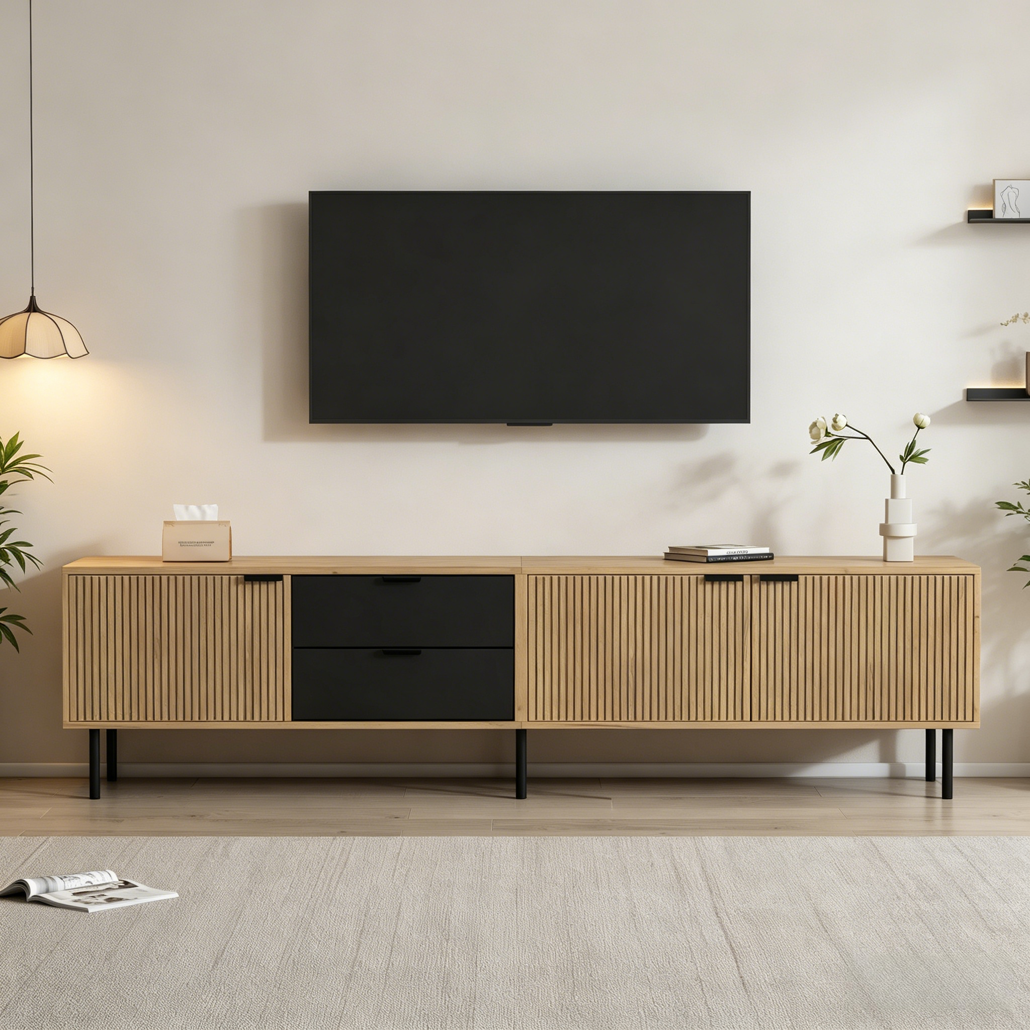 Stolik pod TV z 3 drzwiami i 2 szufladami - 208 x 40 x 48 cm - Płyta wiórowa i metalowe nogi - Kolor czarny z efektem drewna - 3