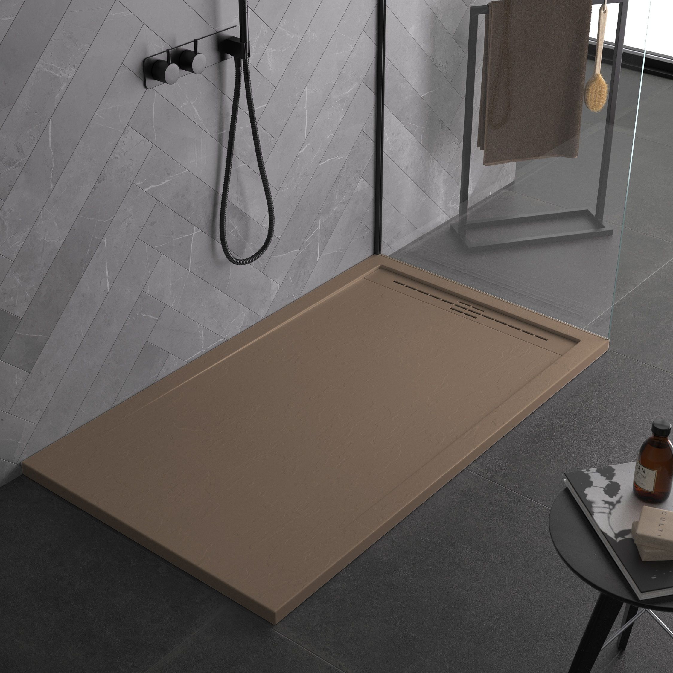 Plato de ducha color moca en resina de mármol, superficie efecto ...