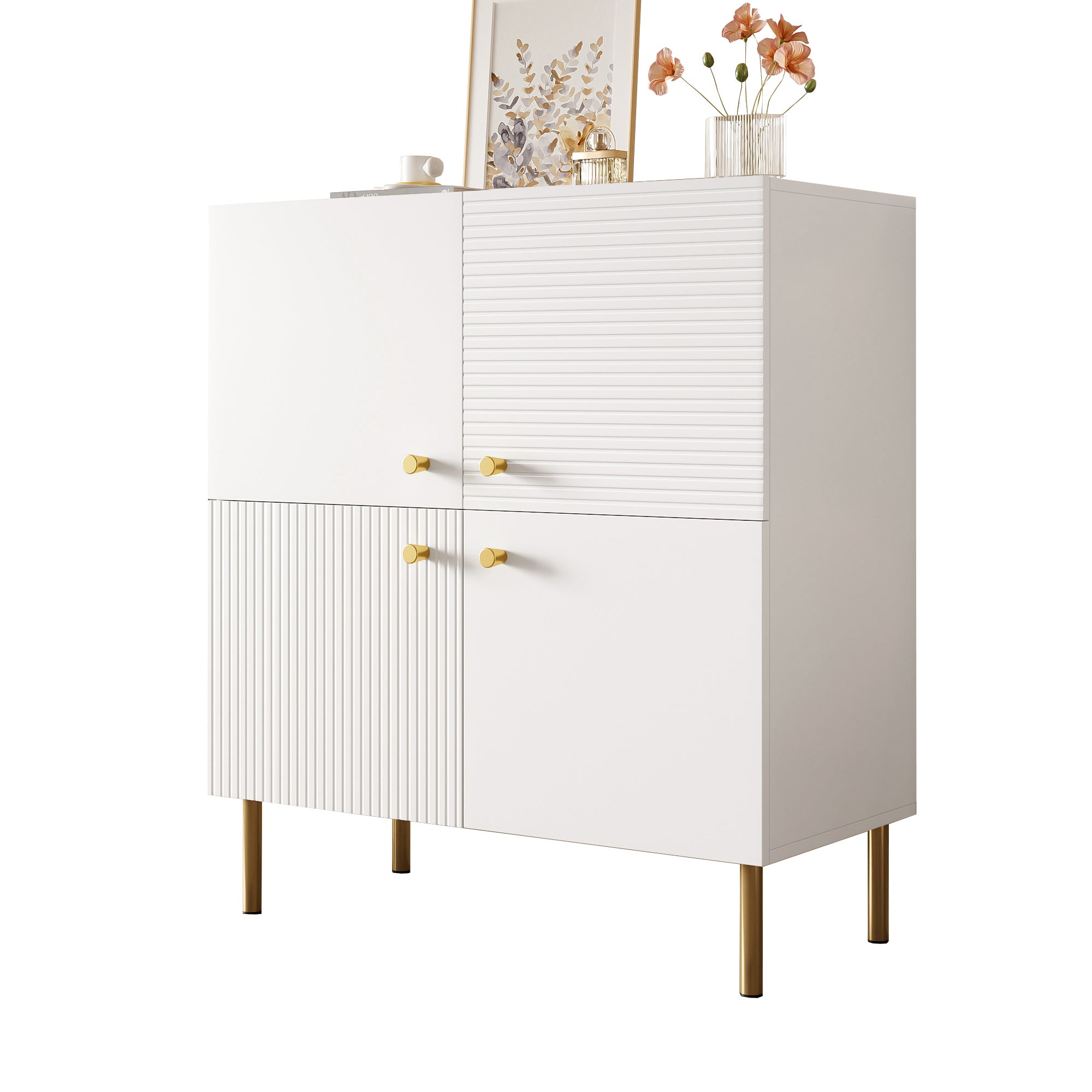 Komoda z 4 drzwiami pionowymi - 80 x 36 x 90 cm - MDF, uchwyty ze stopu cynku i nogi ze stali - biała