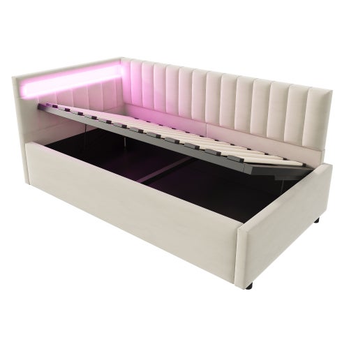 Canapé-lit 90 x 200 cm avec LED, espace de rangement, sommier à lattes, en velours, beige, sans matelas - 2