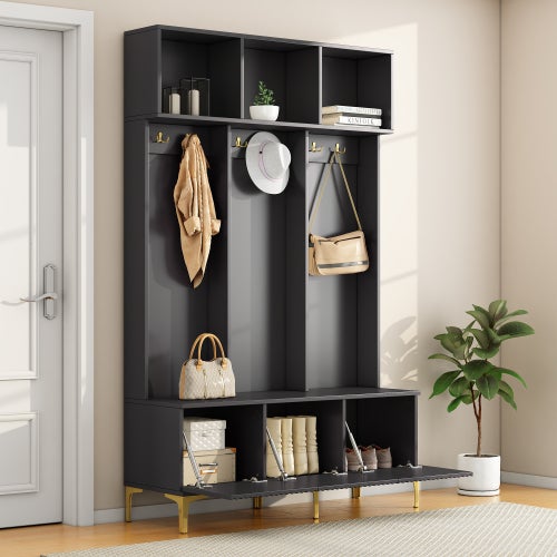 Ensemble armoire avec banc, banc de rangement multifonctionnel, rangement ouvert, 6 crochets, convient pour couloir, salon L120/P40/H191,5CM - 3