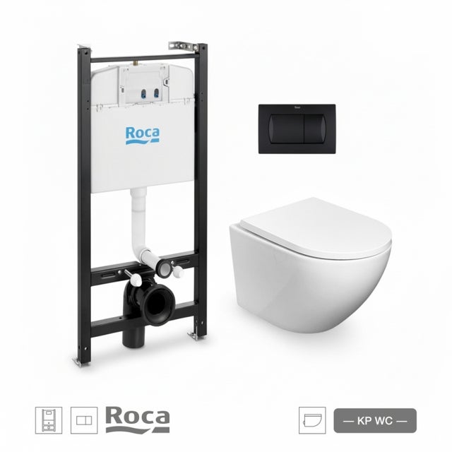 BASTIDOR ROCA ACTIVE PACK CISTERNA EMPOTRADA Y PULSADOR NEGRO MAT CON KP INODORO SUSPENDIDO ROUND SMART 52 cm TOR 3 Soft Close