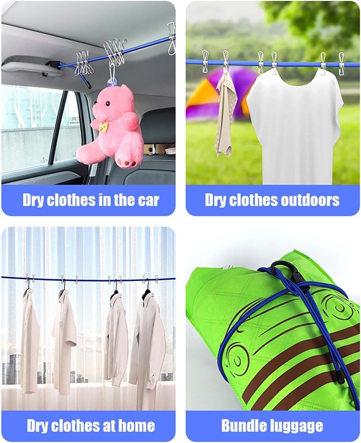 Stendibiancheria portatile, stendibiancheria da viaggio, stendibiancheria regolabile da esterno da 1,5 m, con 4 clip, accessori - 5