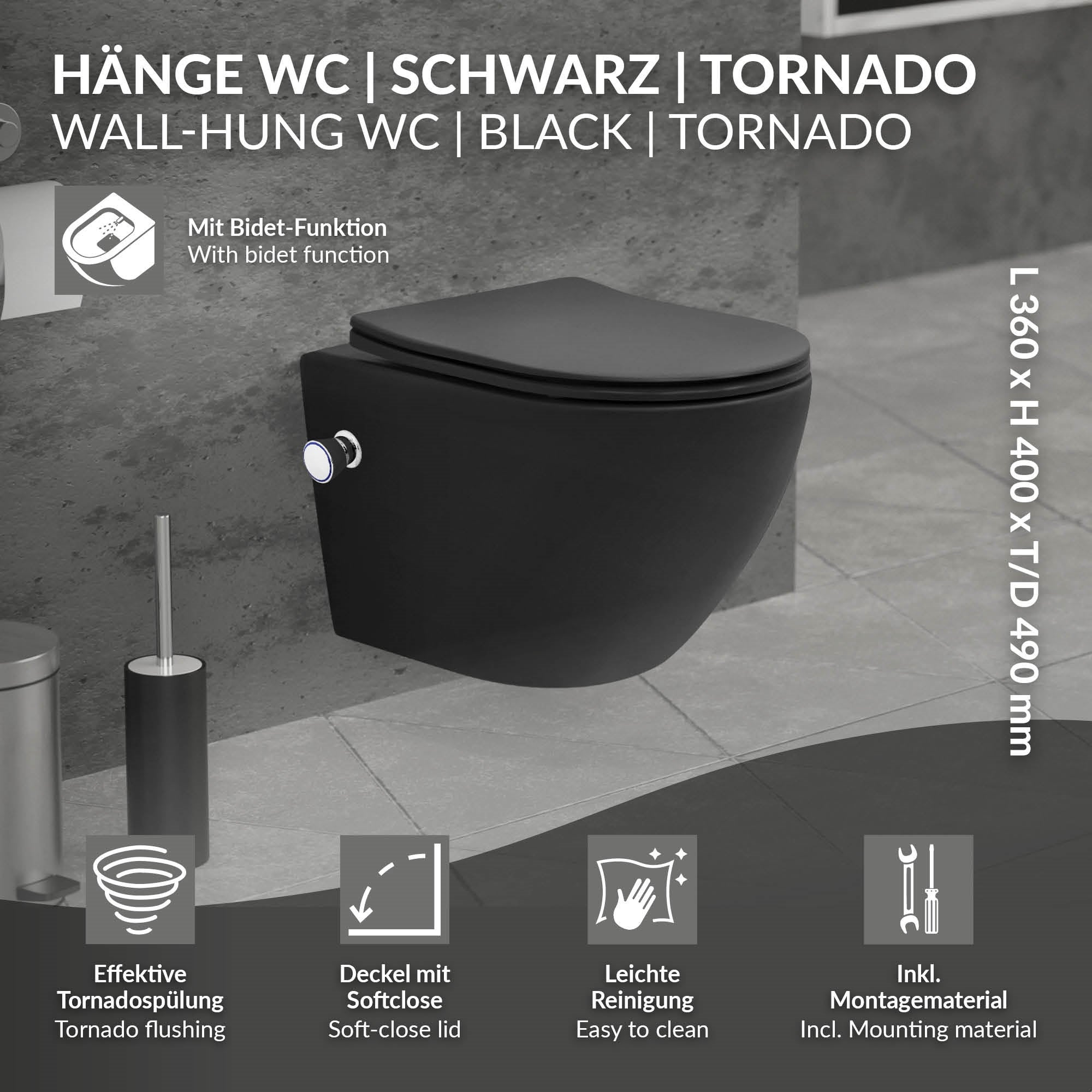 WC suspendu chasse d'eau tornado fonction bidet noir mat avec siège Softclose - 2