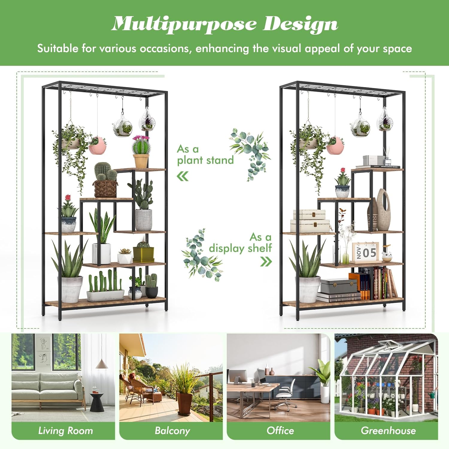 Support pour Plantes Intérieur à 6 Niveaux, Présentoir pour Pots de Fleurs 100x30x180cm , 10 Crochets, Étagère à Fleur Style Industriel, Marron - 7