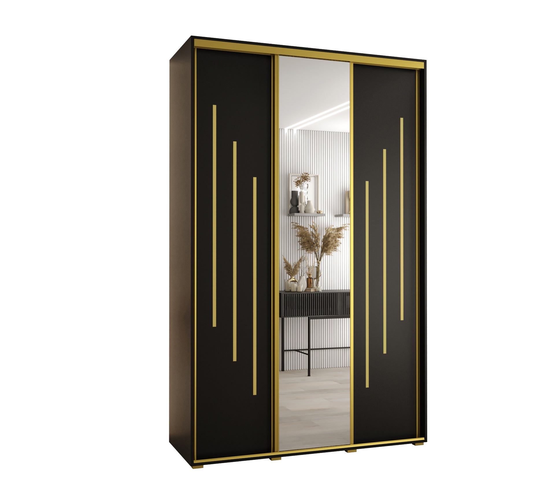 Szafa przesuwna z lustrem wysoka Davos 9 150 x 45 x 235,2 cm czarny + czarny + u. złoty - Abiks Meble