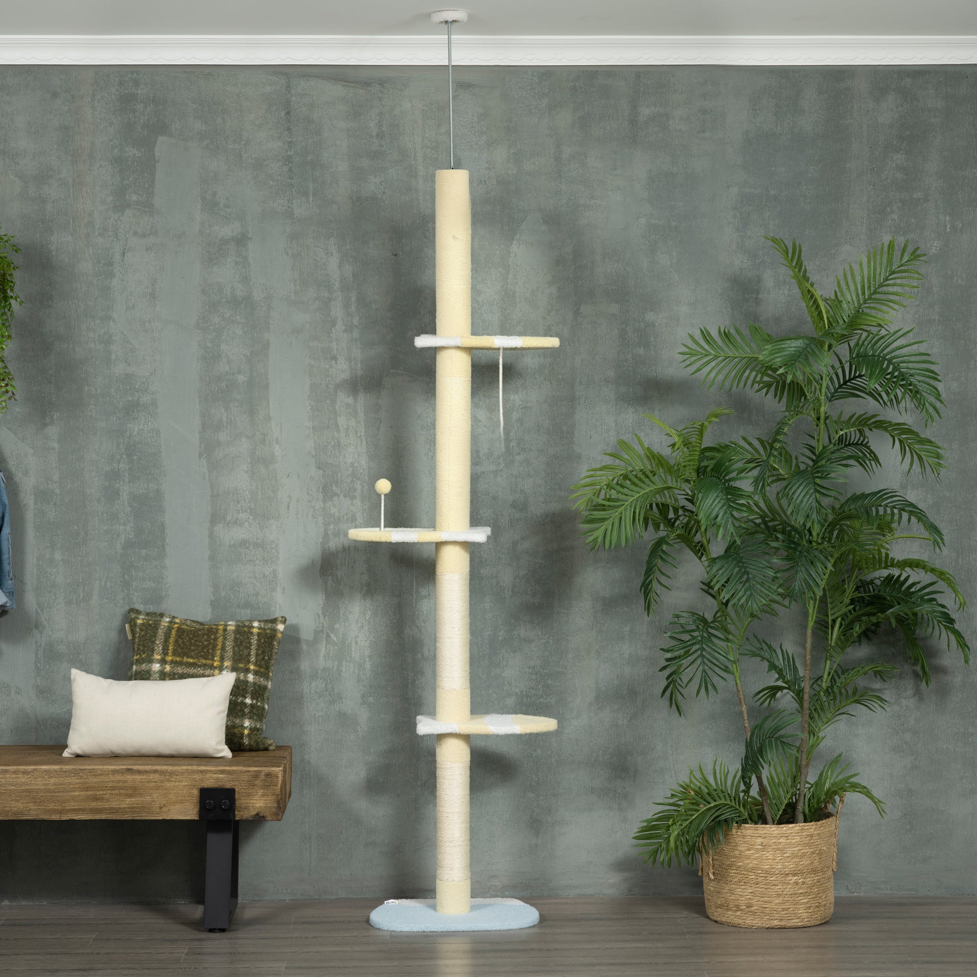 PawHut Árbol Para Gatos Suelo-Techo Ajustable 202-242cm – 3 Plataformas + Rascador De Yute + Hoja Decorativa Naranja