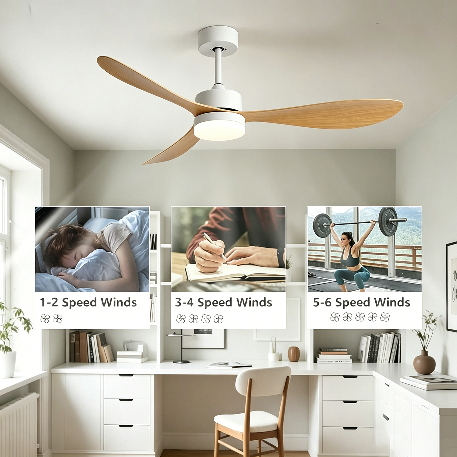Ventilateur de plafond avec lumière, télécommande/contrôle par application, 6 vitesses de ventilation, minuterie, gradation continue (132 cm) - 6