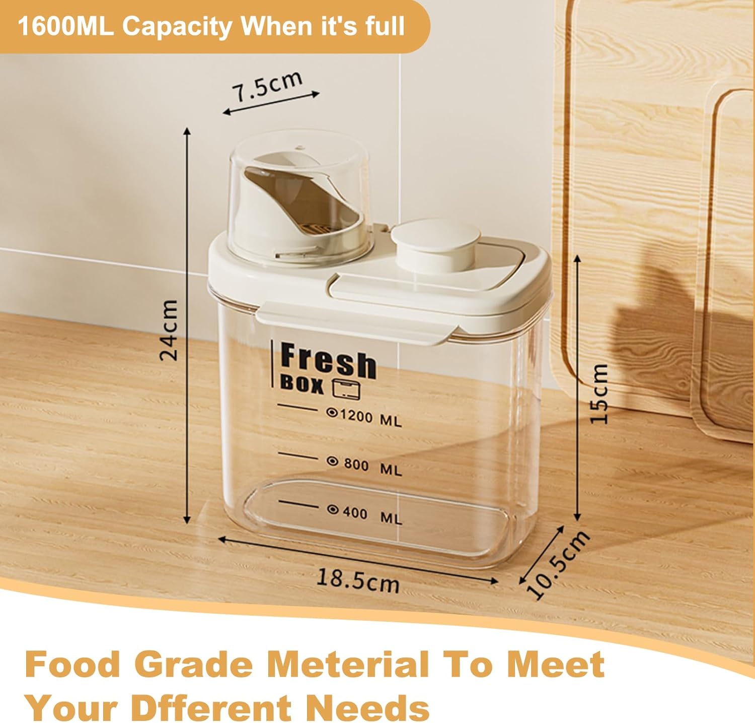 contenitore ermetico da cucina in plastica bianco crema da 18,5*10,5*24 cm con coperchio per conservare cereali e farina. - 4