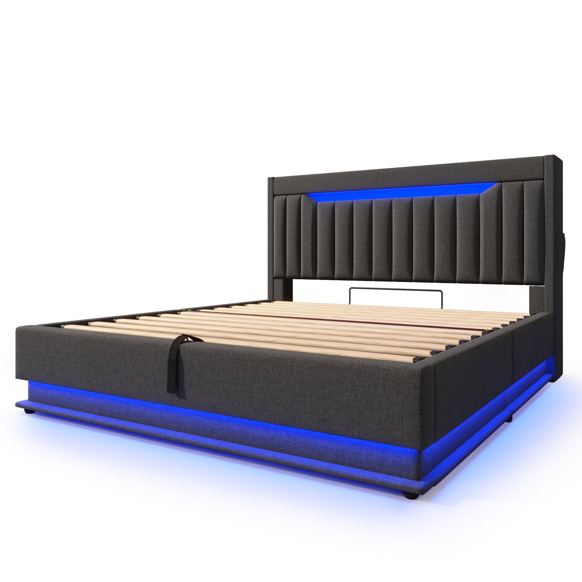 Cama con almacenaje tapizada 140x200cm - con LED - con puertos USB y Tipo C - Tejido de lino - Cabecero con espacio de almacenaje - Gris - 6