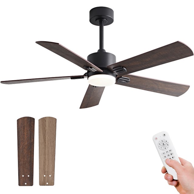 Ventilador de teto com luz, pás de madeira, LED, com controlo remoto, 6 velocidades, reversível, 106,7 cm, preto