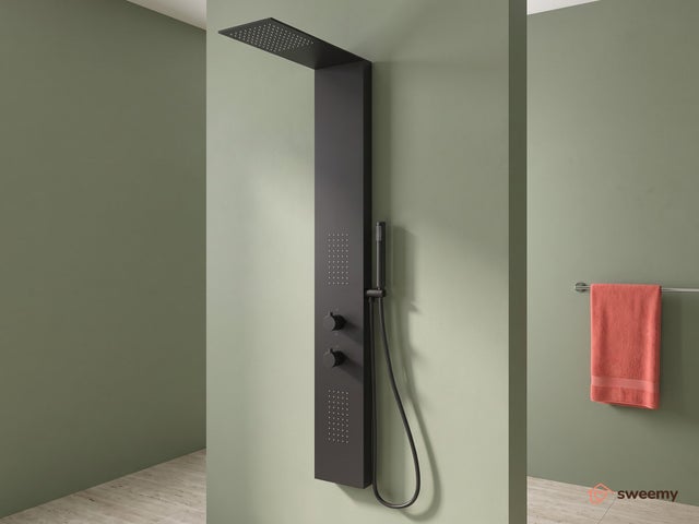 Panneau de douche hydromassant SWY-Austin, 3 voies, douche de tête slim anticalcaire, jets massants et douchette, noir mat