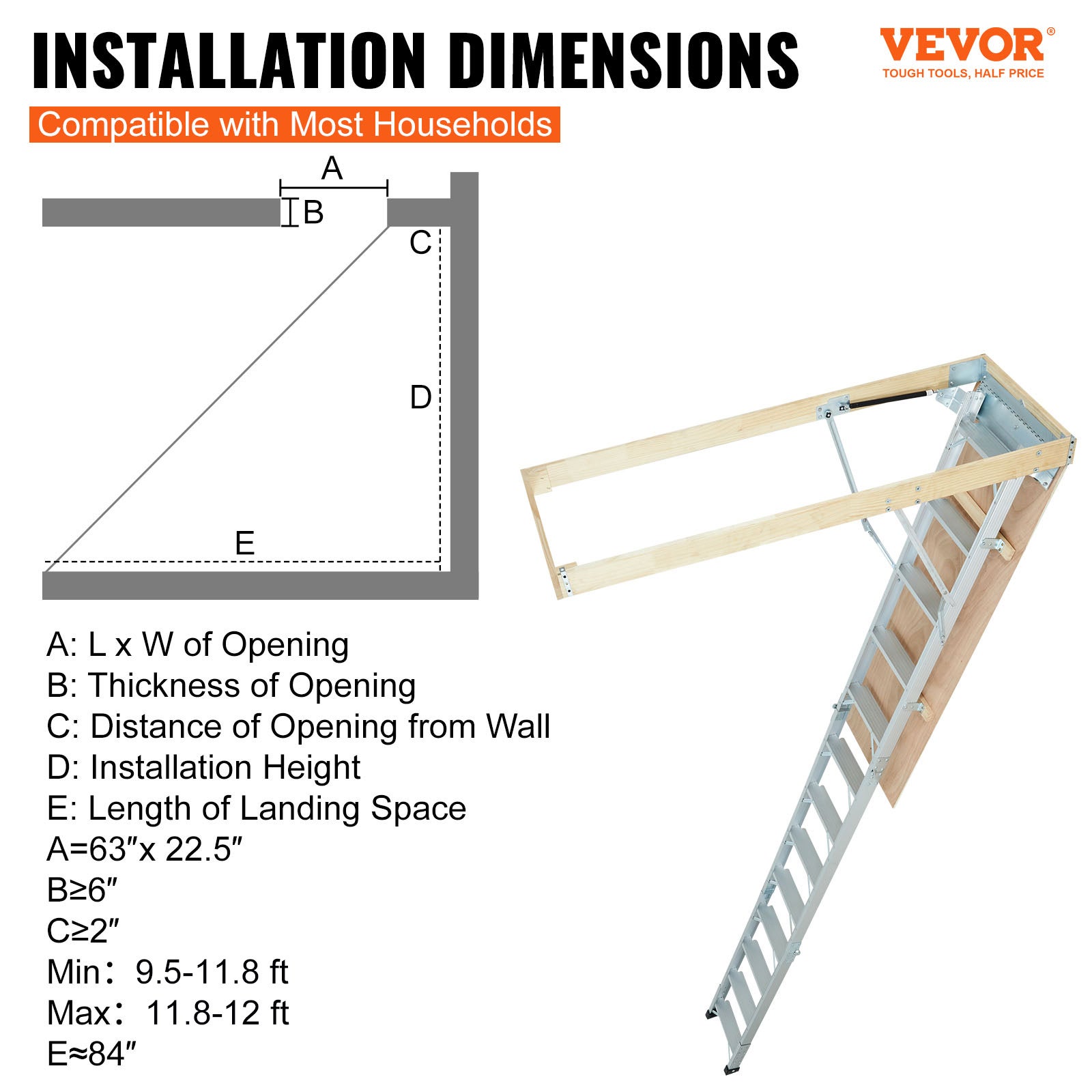 Échelle Télescopique Pliable de Grenier VEVOR en Aluminium Capacité Charge 158,8 kg 570x1600 mm Extension Polyvalente Portable Hauteur d'Installation - 2