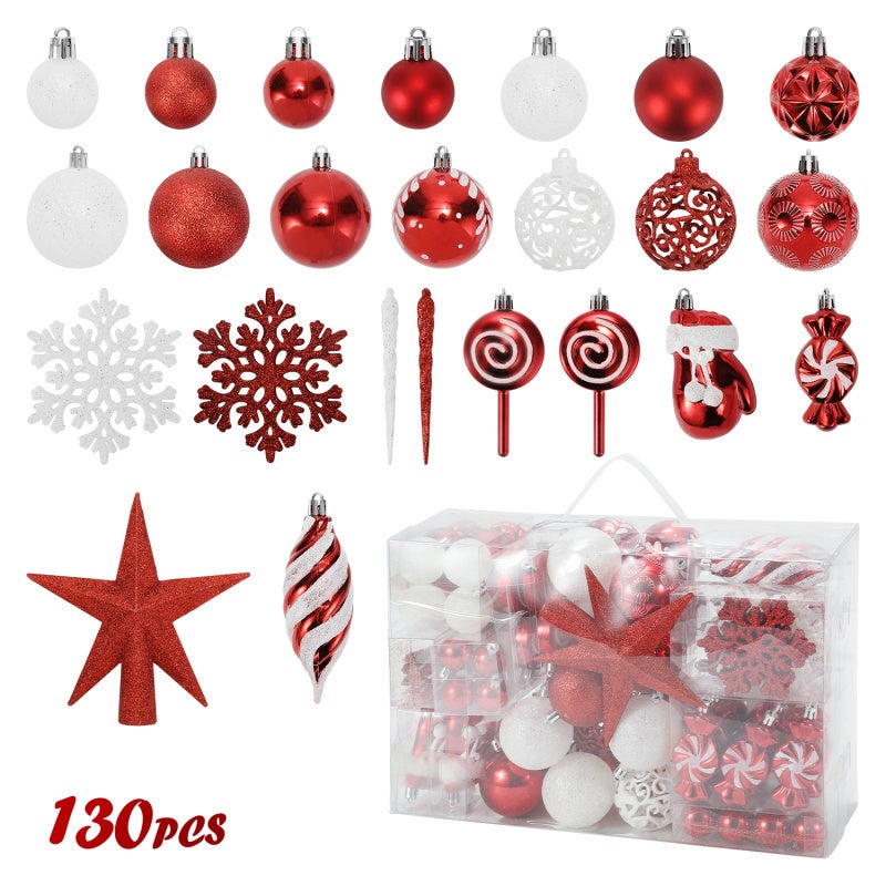Juego De 12 Adornos Navideños De Bolas Pintadas A Mano Con Árboles, Copos De Nieve Y Lunares - Plástico Inastillable