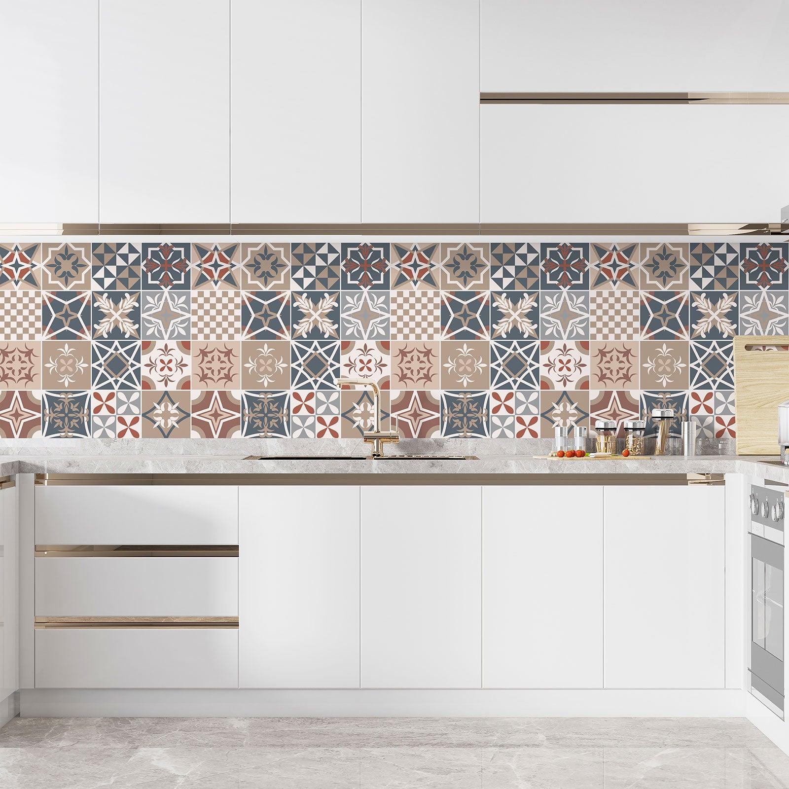 Crédence adhésive sticker décoratif pour cuisine - Effet carreaux de ciment - Adhésif MAT - 60x60 cm - 3