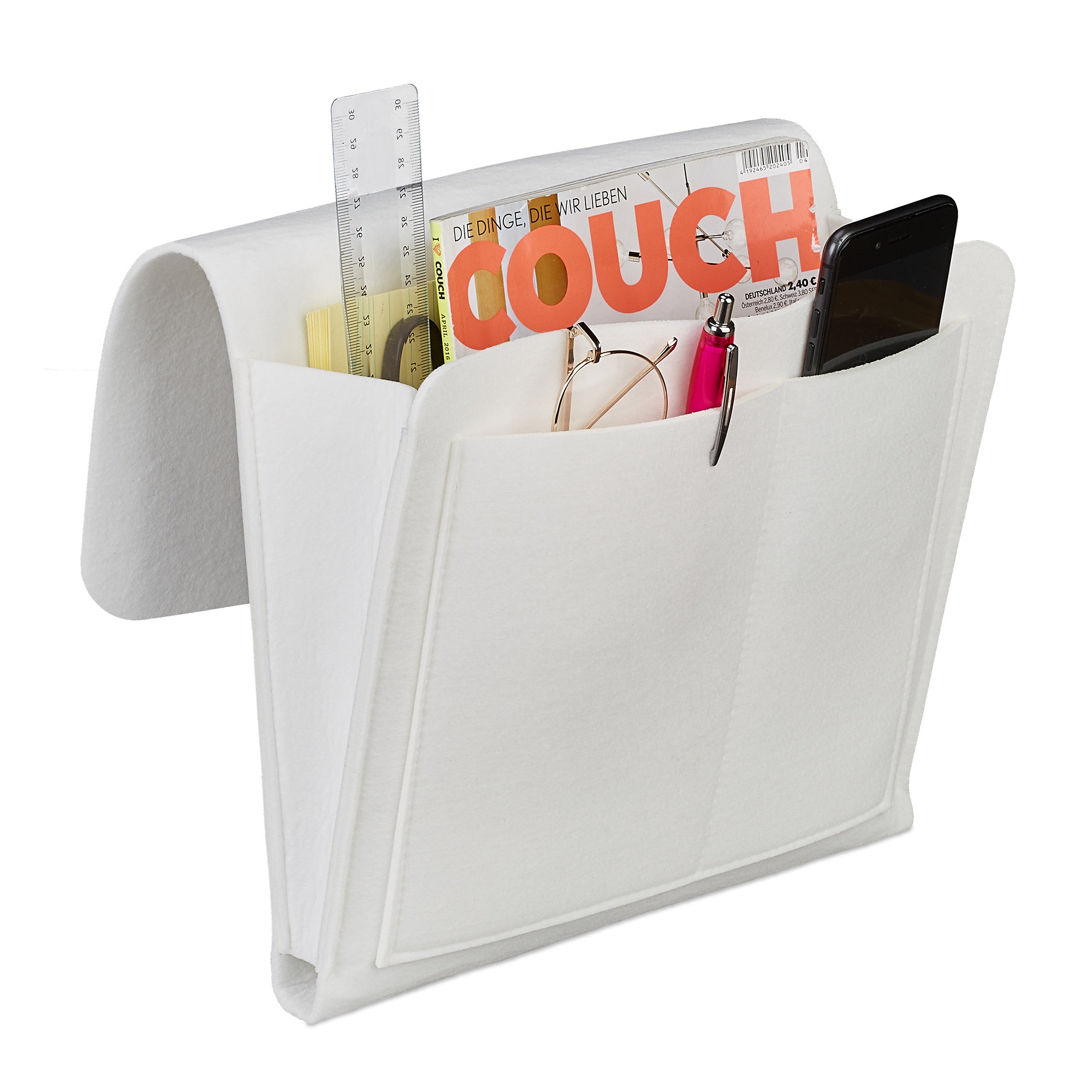 Organizer Da Divano Relaxdays | 5 Tasche In Feltro Bianco | Porta Telecomando, Libri, Occhiali - Foto 4