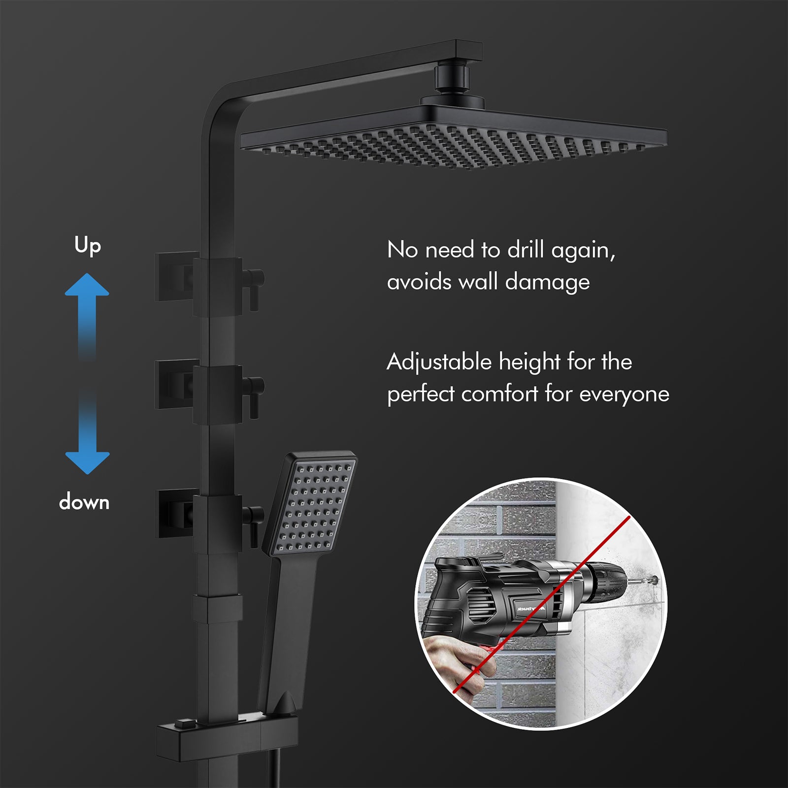Columna de Ducha Termostática Negra Sin Taladro, Sistema de Ducha Ajustable 855–1105 mm, Cuerpo de Latón, Conjunto de Ducha Mural - 5
