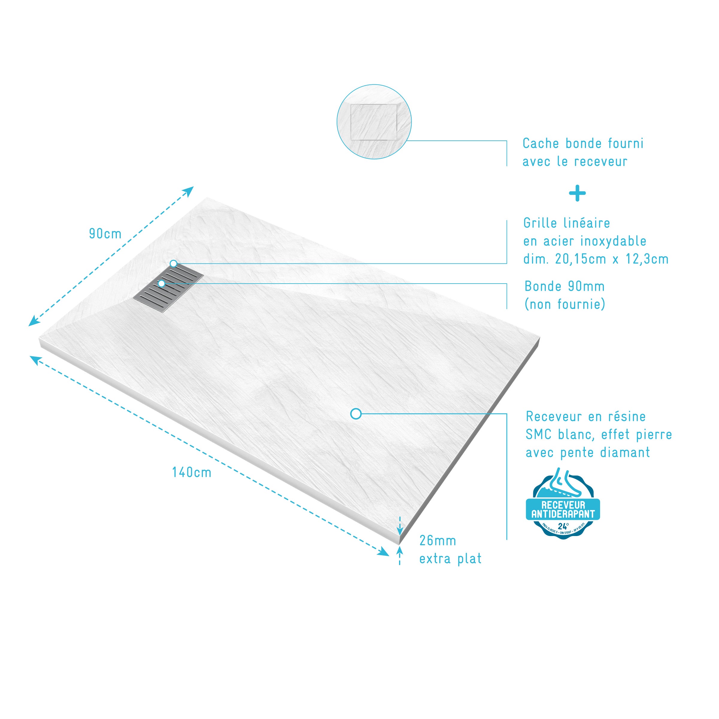 Receveur de douche Blanc Effet Pierre 90x140 cm et Grille décor Linéaire en Inox - 4