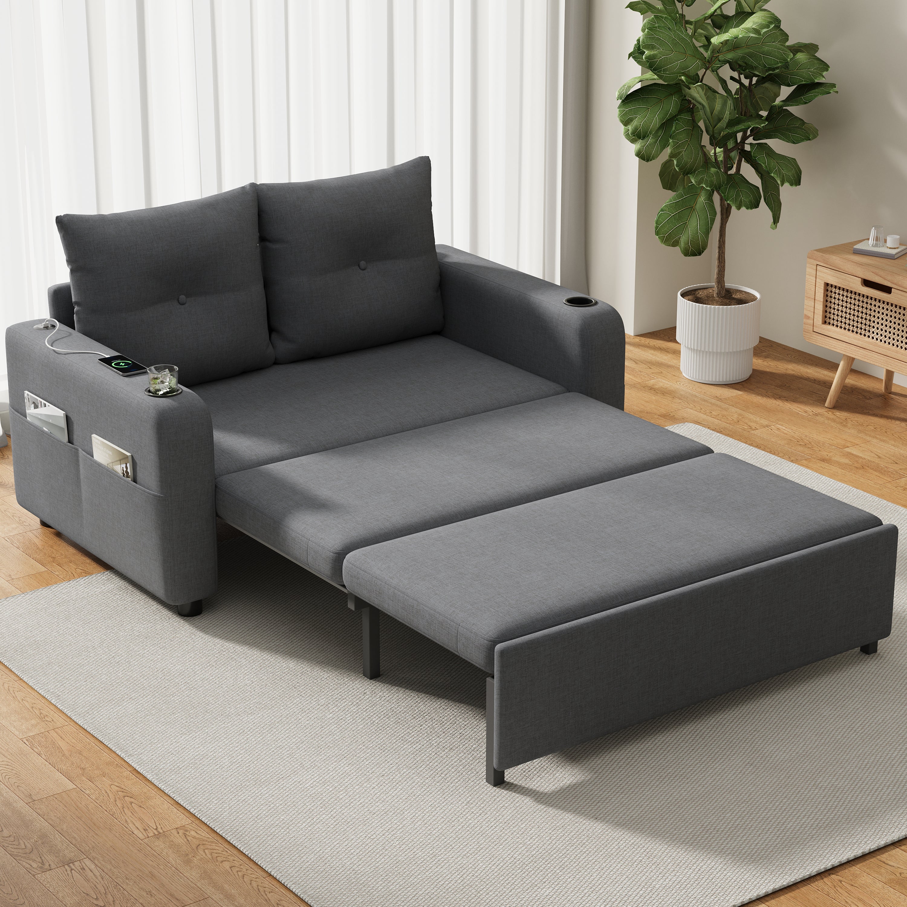 Sofa 2-osobowa z funkcją spania, uchwytem na kubek, portem USB i kieszeniami bocznymi - 131 x 81 x 94 cm - Tapicerka bawełniano-lniana - Szara - 3