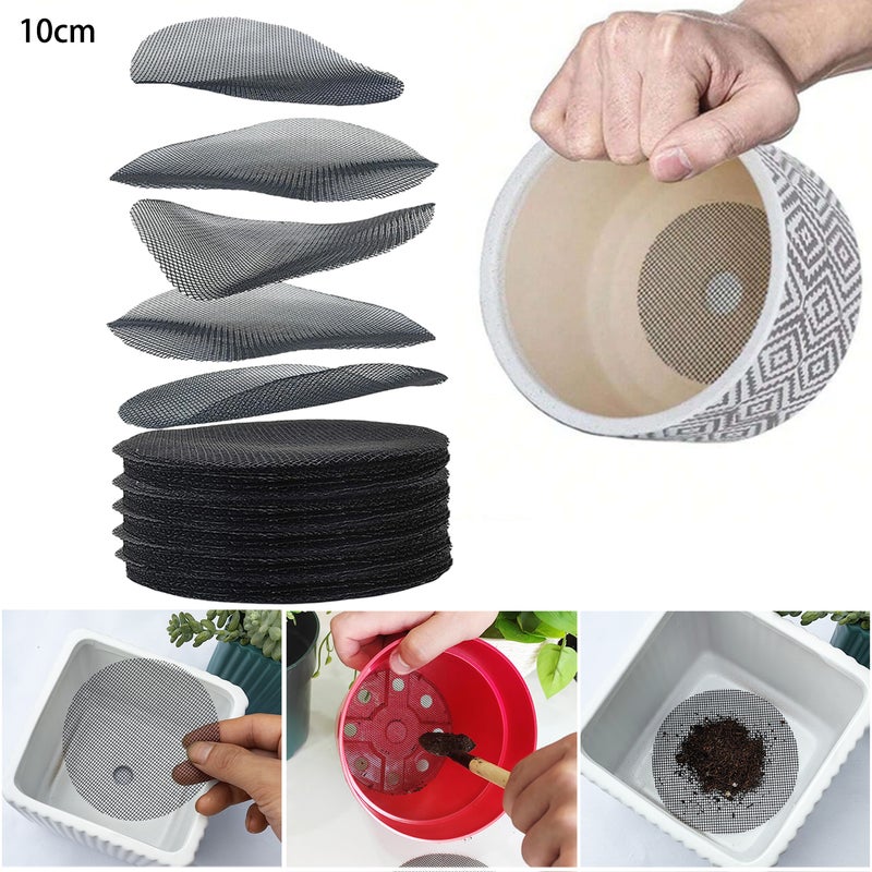 50 sztuk podkładek z siatki na otwory do doniczek, ekrany na otwory drenażowe do doniczek, 10 cm, zapobiegające utracie gleby, siatka mata