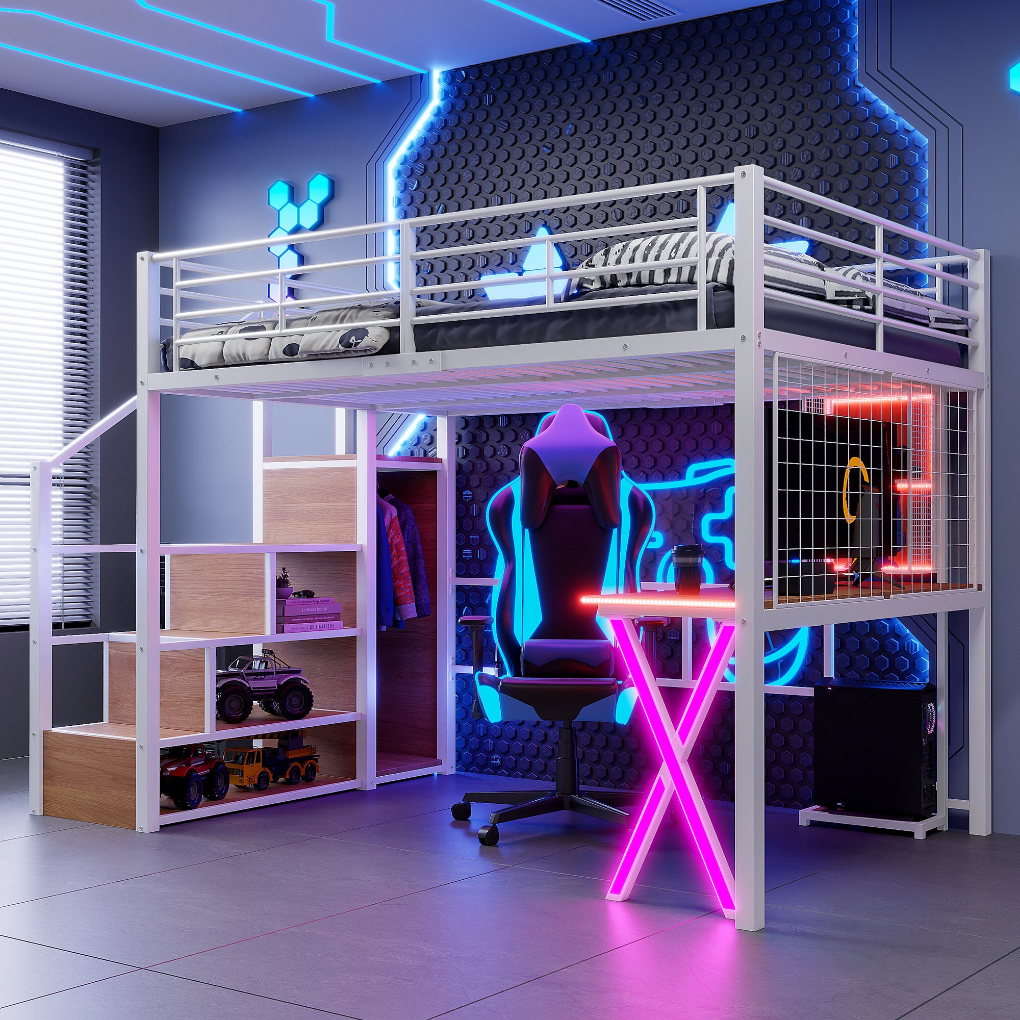 Letto a soppalco 140 x 200 cm con scrivania, armadio, ripiani