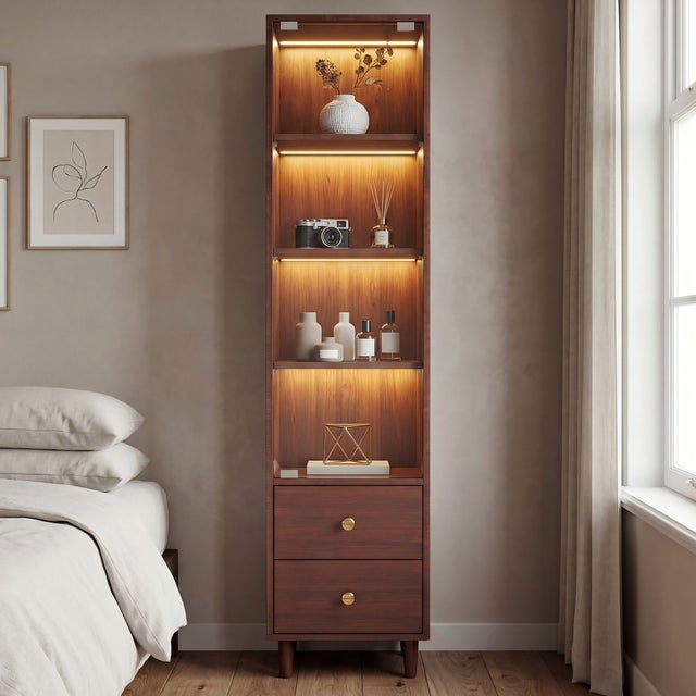 Vitrina con LED, 1 puerta de cristal, 2 cajones y 4 niveles, en MDF y vidrio marrón, para salón o despacho, 40 × 35 × 165 cm