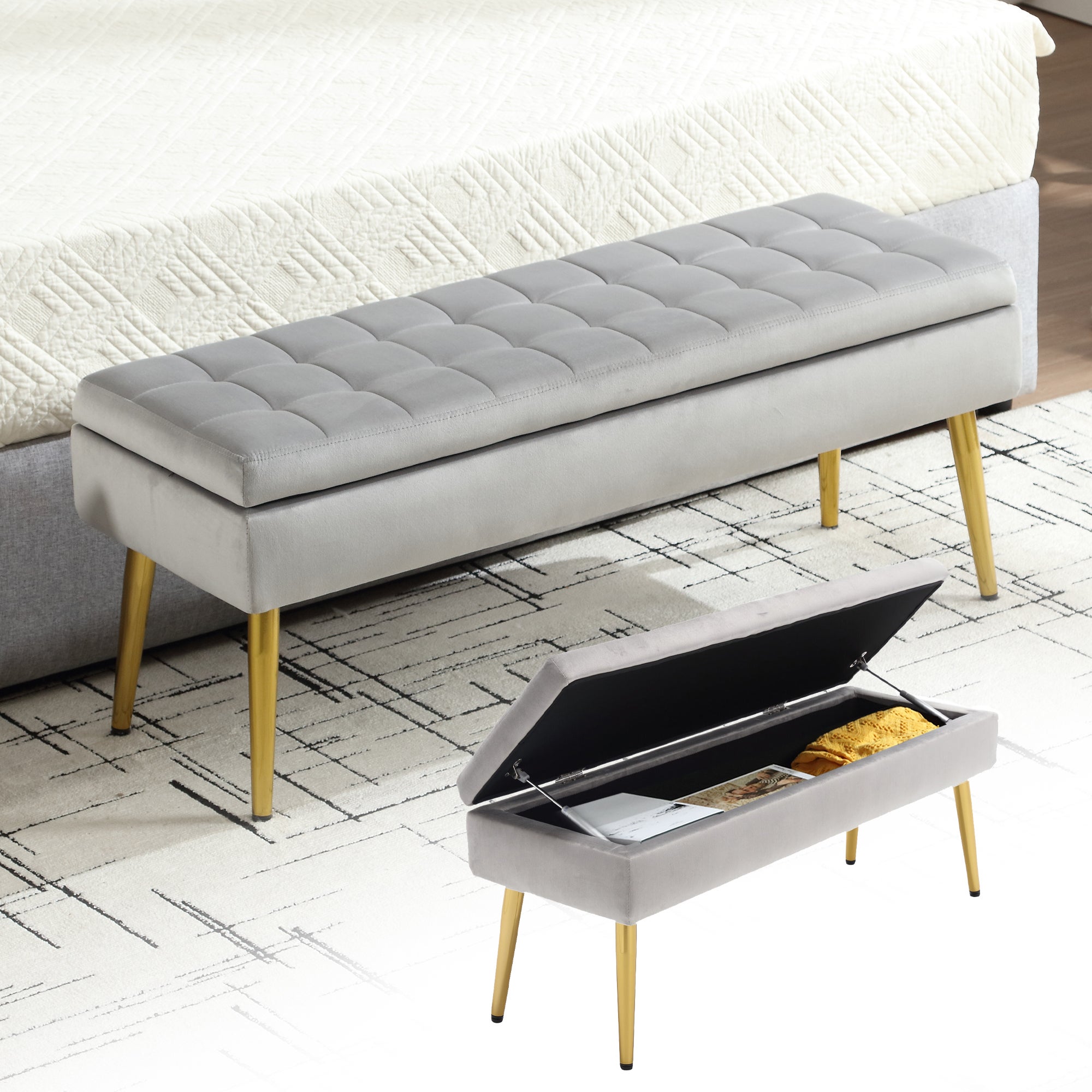 HOMCOM - Banc Coffre Rangement Velours Beige 102x43x35 Cm - Banquette Avec Couvercle Pour Salon, Chambre