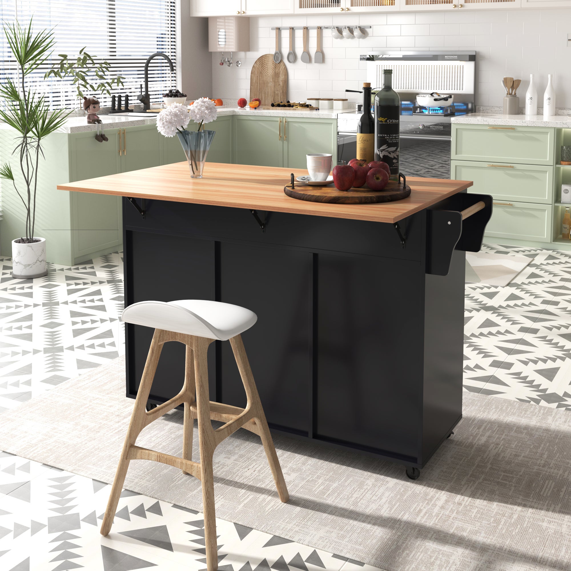 Îlot de cuisine avec plateau pliable et 5 roulettes, 129×46-71×91,5 cm,Desserte de cuisine avec espace de rangement, 2 tiroirs et 3 portes,Noir - 7